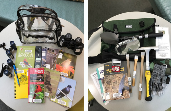Photo collage of two photos. The photo on the left shows the contents of the bird watching kit laid out on a table top. The photo on the right shows the contents of the rock hunting kit laid out on a tabletop.