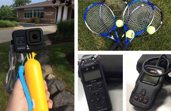 Four photo collage of a GoPro 8, tennis rackets and balls, digital sound recorder, and auto diagnostic tool.