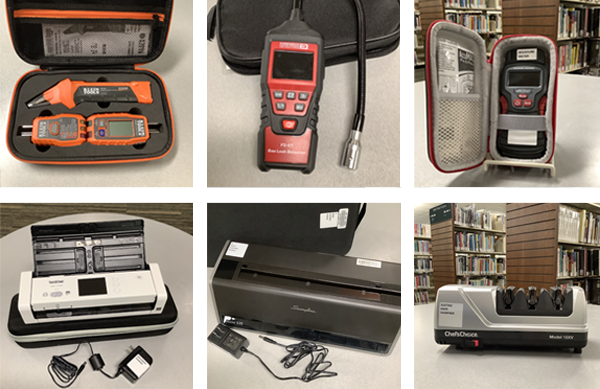 Photo collage of six pieces of equipment, each photographed on a table: an AC Circuit breaker finder, a gas leak detector, a moisture meter, a document scanner, a three hole electric punch, and an electric knife sharpener.