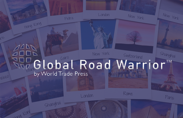 Global Road Warrior white text logo on a slightly transparent navy blue background with photos of international cities showing through.