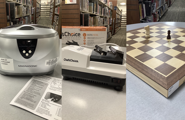 Three photo collage of a ultrasonic cleaner, electric scissor sharpener, and a chess board.